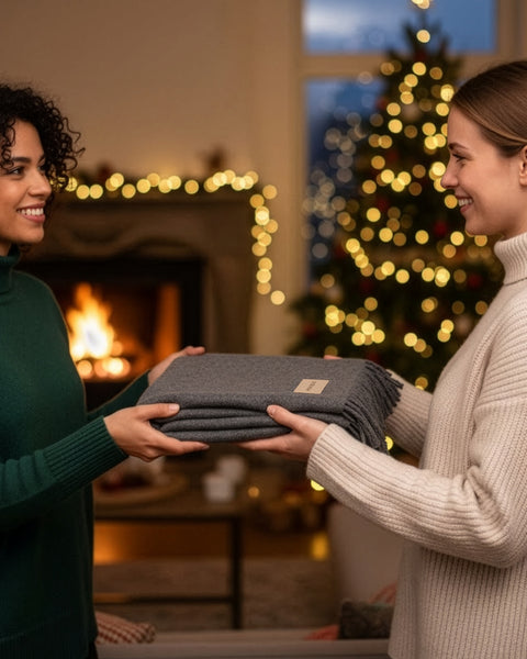 Two women exchanging a folded blanket in a cozy living room with a Christmas tree and fireplace.