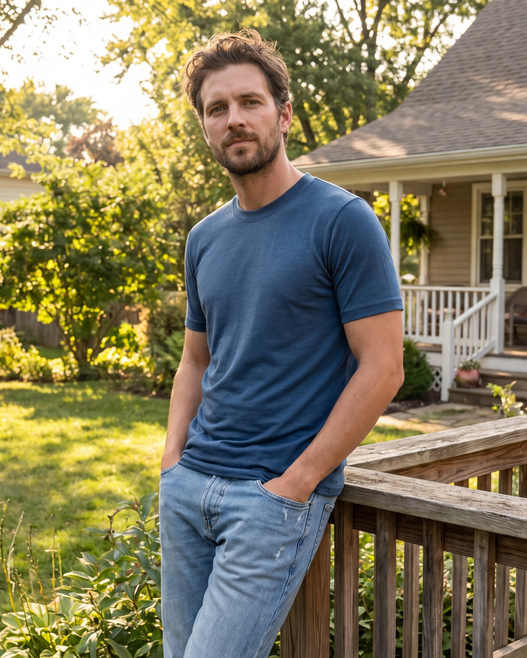An outdoor lifestyle portrait of a man leaning casually against a weathered wooden railing. He has wavy brown hair and a short beard, and is looking directly at the camera with a relaxed expression. He is wearing a regular fit, dusty blue short-sleeved crew-neck t-shirt and light-wash blue jeans, with both hands tucked into his front pockets. The background features soft-focus green trees, bushes, and a house with a covered porch, all illuminated by warm, late-afternoon sunlight.
