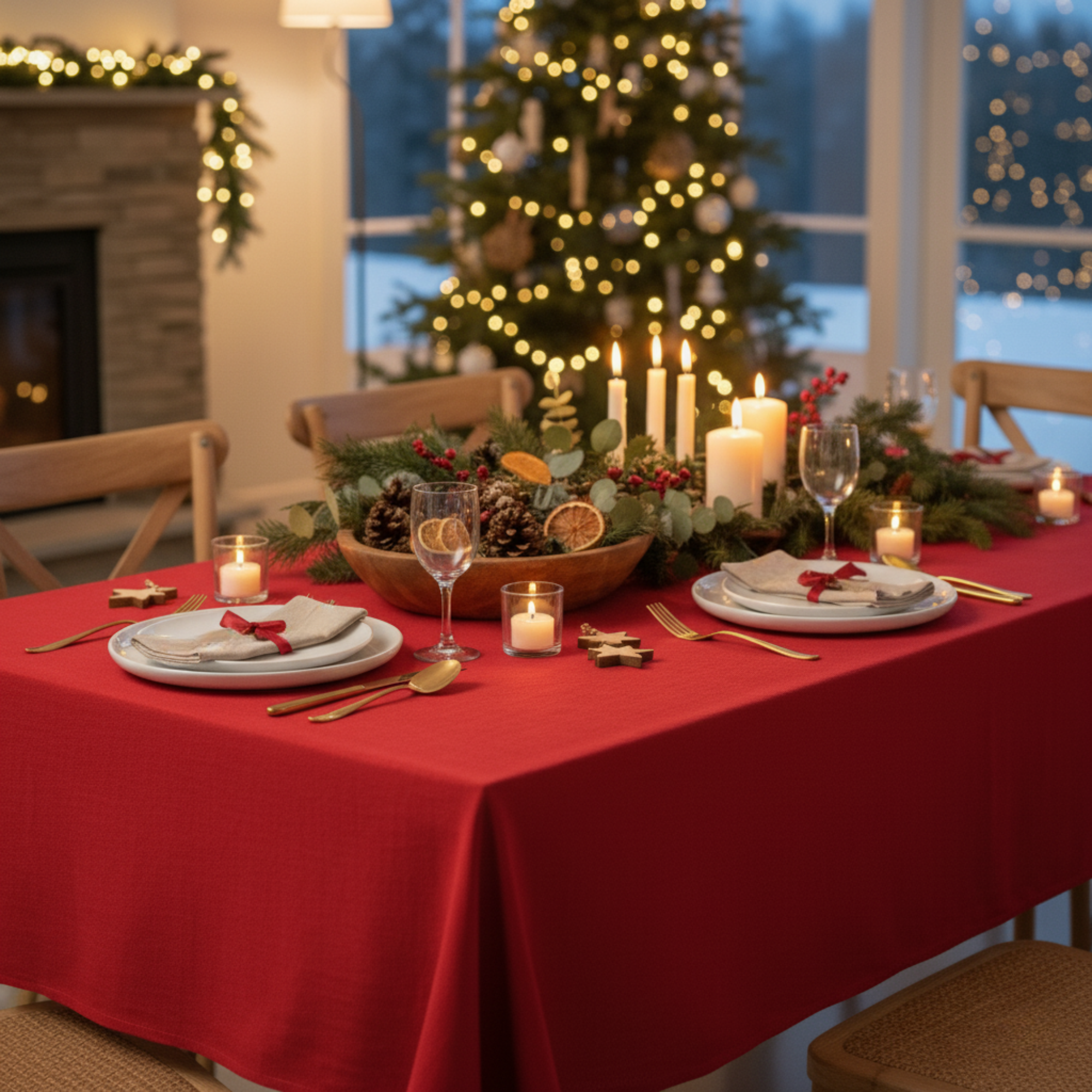 Family enjoying Christmas dinner around a table covered with a red linen tablecloth, with a fireplace and Christmas tree glowing in the background.