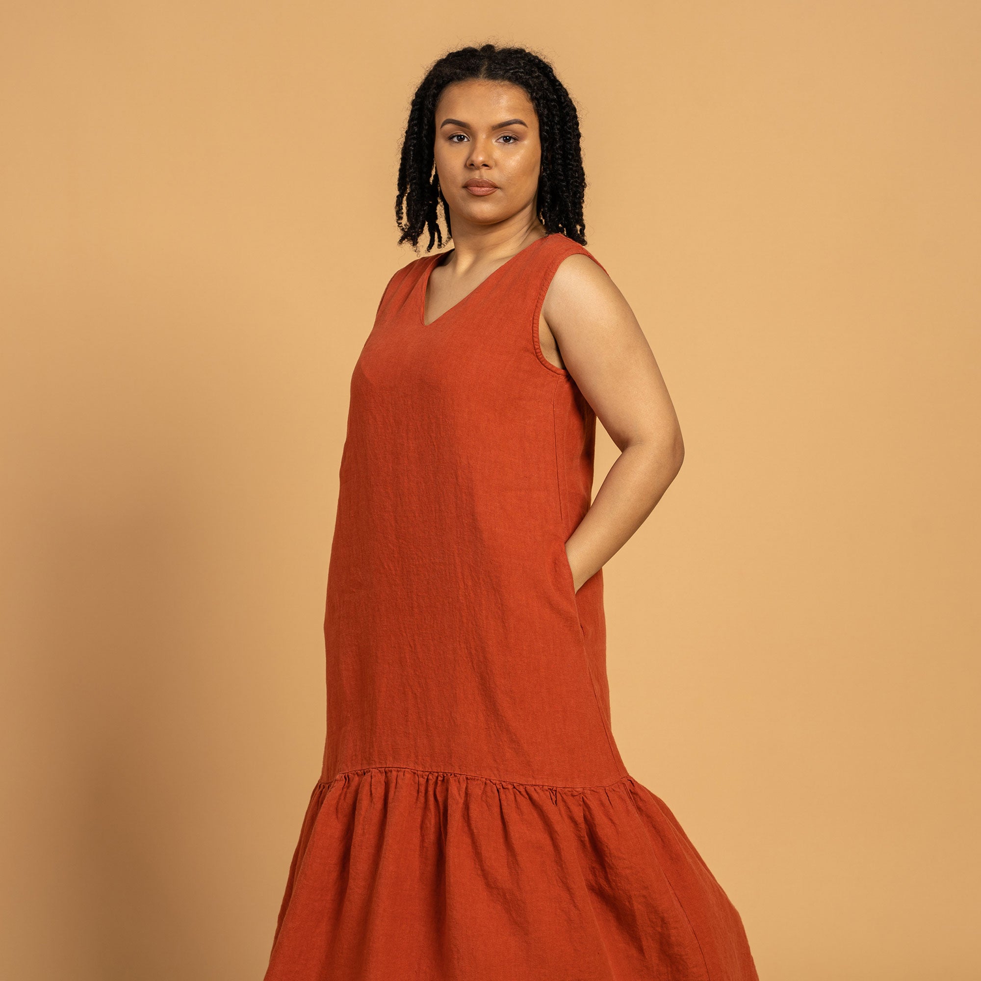 Linen Maxi Dress AURORA CINNAMON RED COLOR