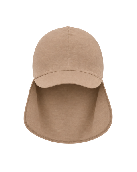 A beige soft fabric sun cap featuring a curved front brim and a long back flap to protect the neck from the sun, displayed against a white background.