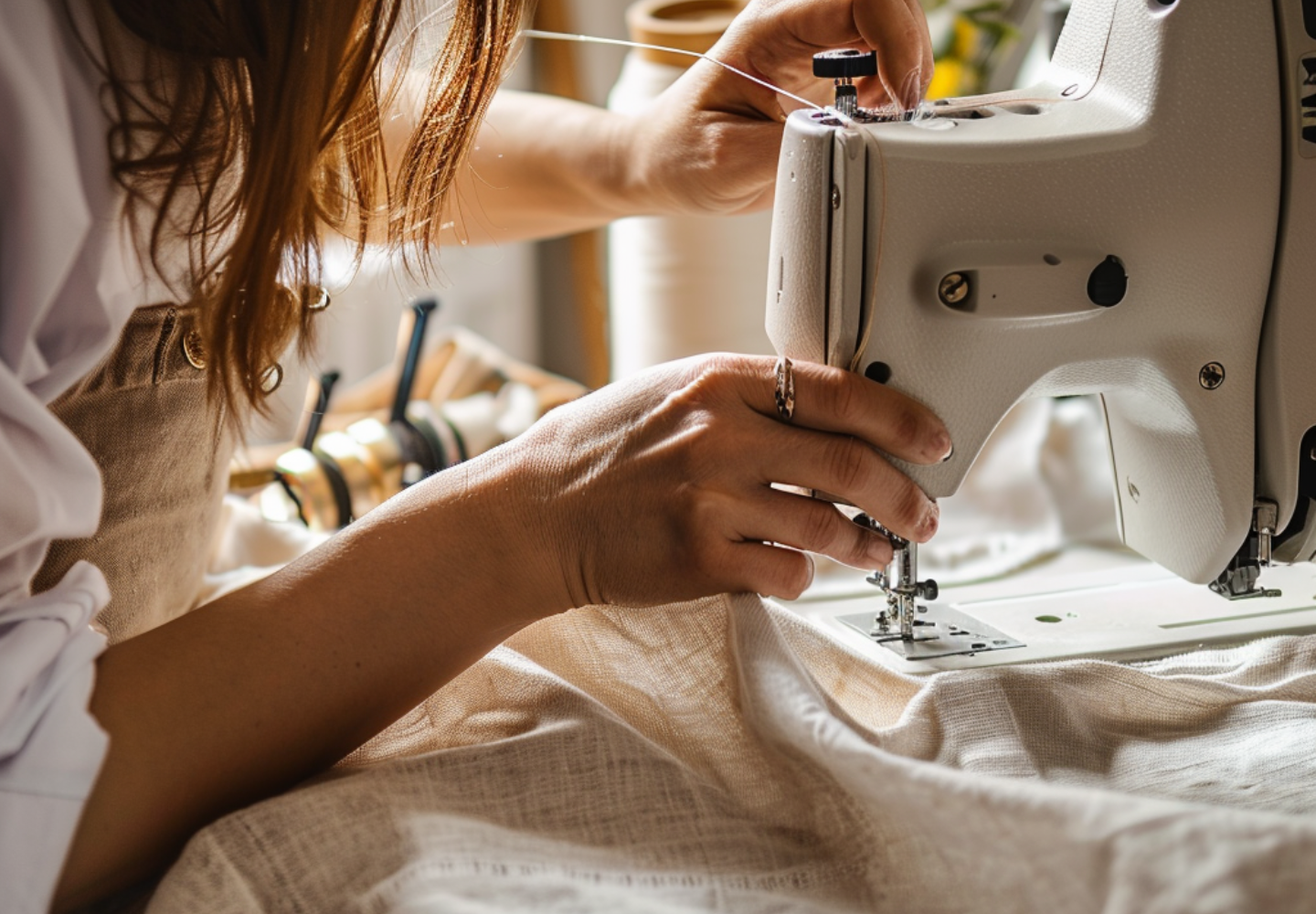 Close-up of a woman sewing beige linen fabric on an industrial sewing machine, with spools of thread and natural light in the background.