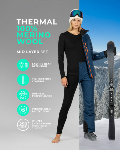 Woman wearing a black 100% merino wool thermal base layer set in a split indoor and alpine scene, demonstrating instant warmth, dry-feel performance, and second-skin comfort for winter sports.