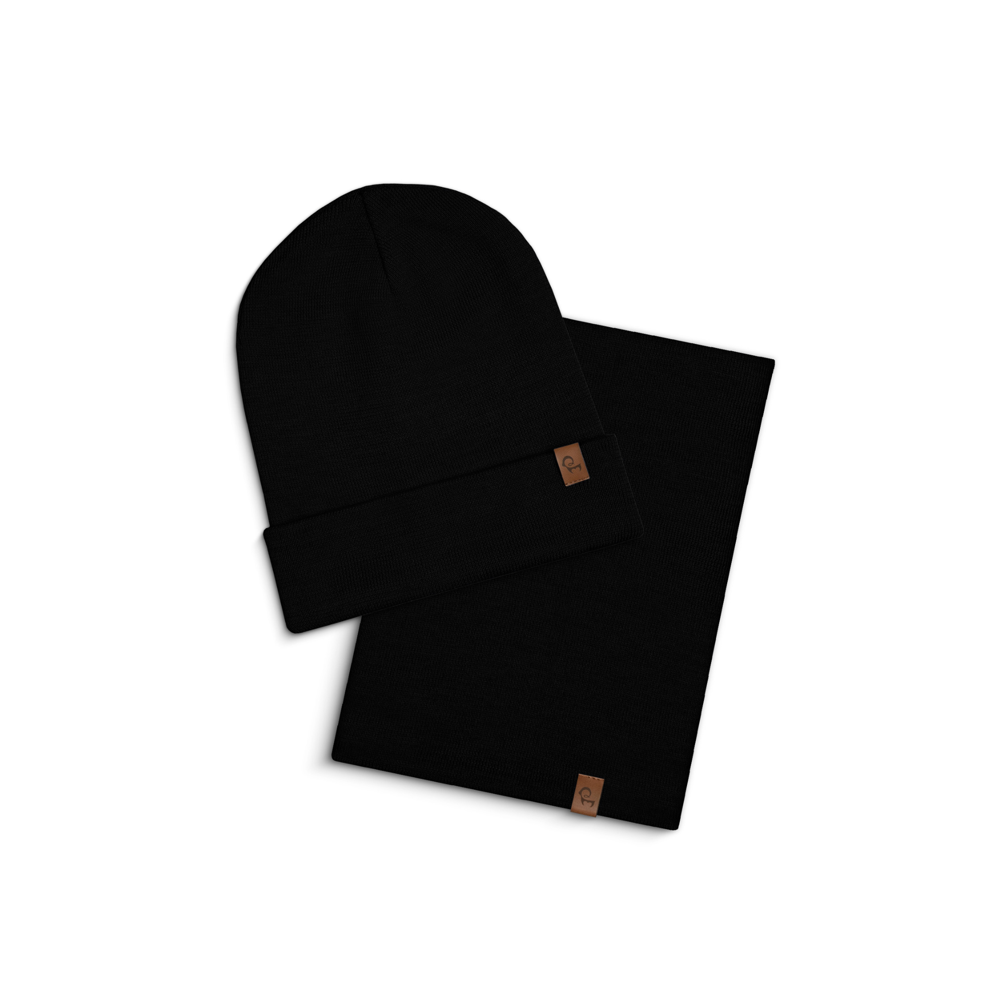 Dark Gray menique beanie and merino wool scarf set on a white background