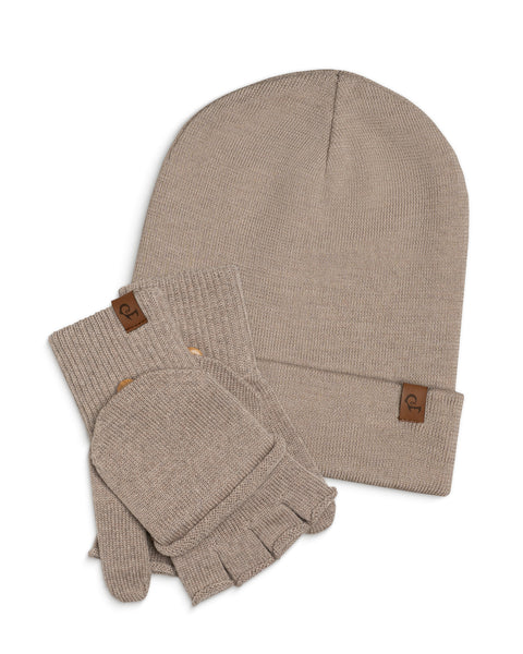 Creamy beige knit beanie and gloves set on a white background