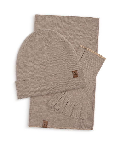 Creamy Beige menique knit beanie, neck gaiter, and fingerless gloves set on a white background