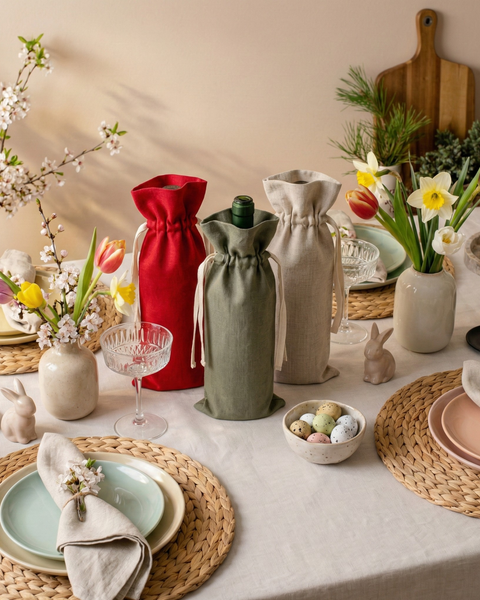 Three linen wine bottle gift bags in red, green, and natural tones displayed on a spring table with flowers, candles, and pastel décor.
