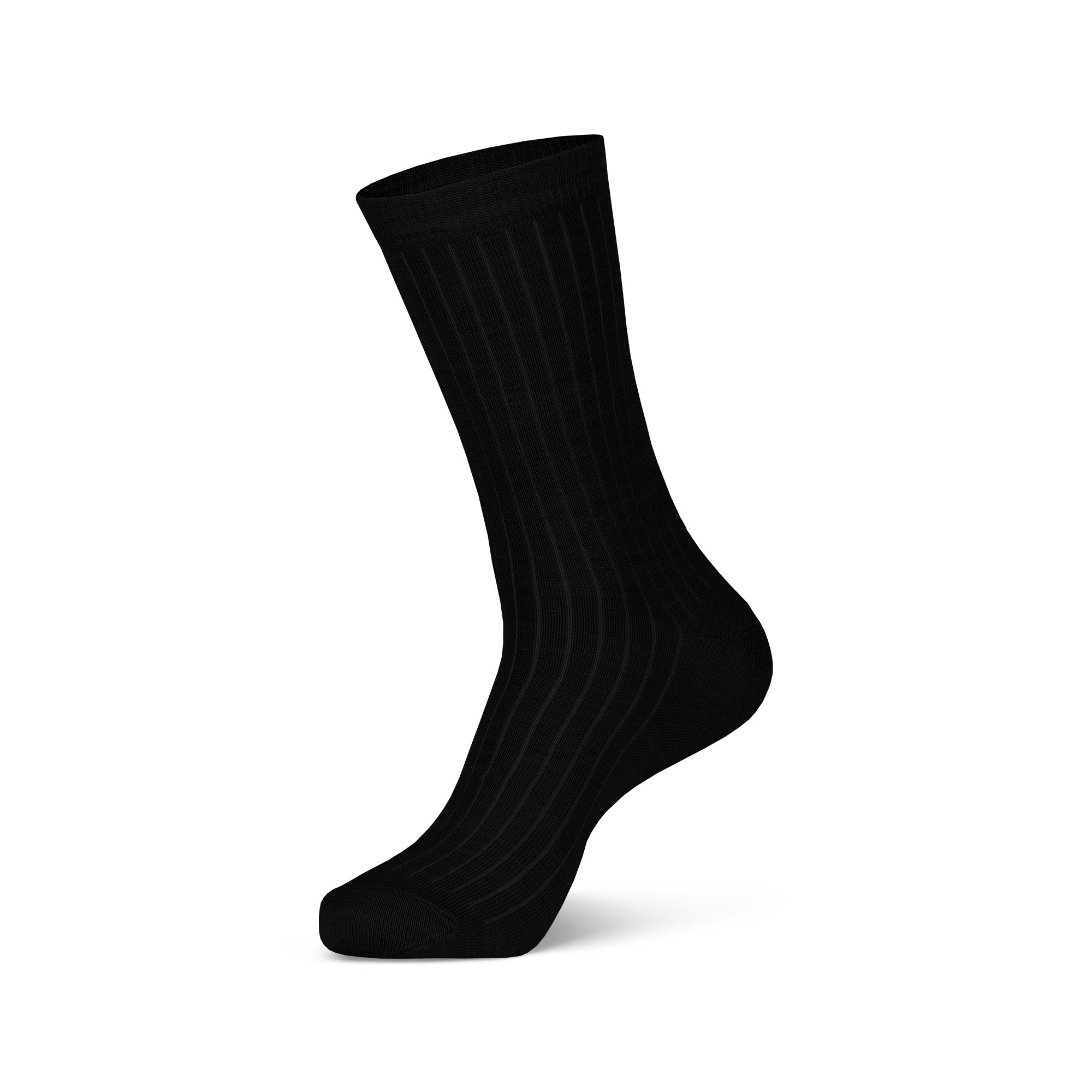 Women's Merino Rib Crew Socks in black color in a white background, side view.