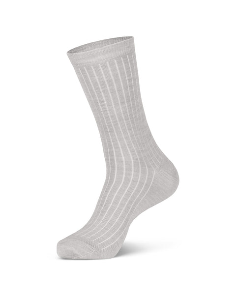 Women&#39;s Merino Rib Crew Socks in light gray color in a white background, side view.