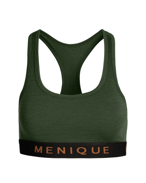 The menique women&#39;s sport bra in dark green color, front view, in a white background.