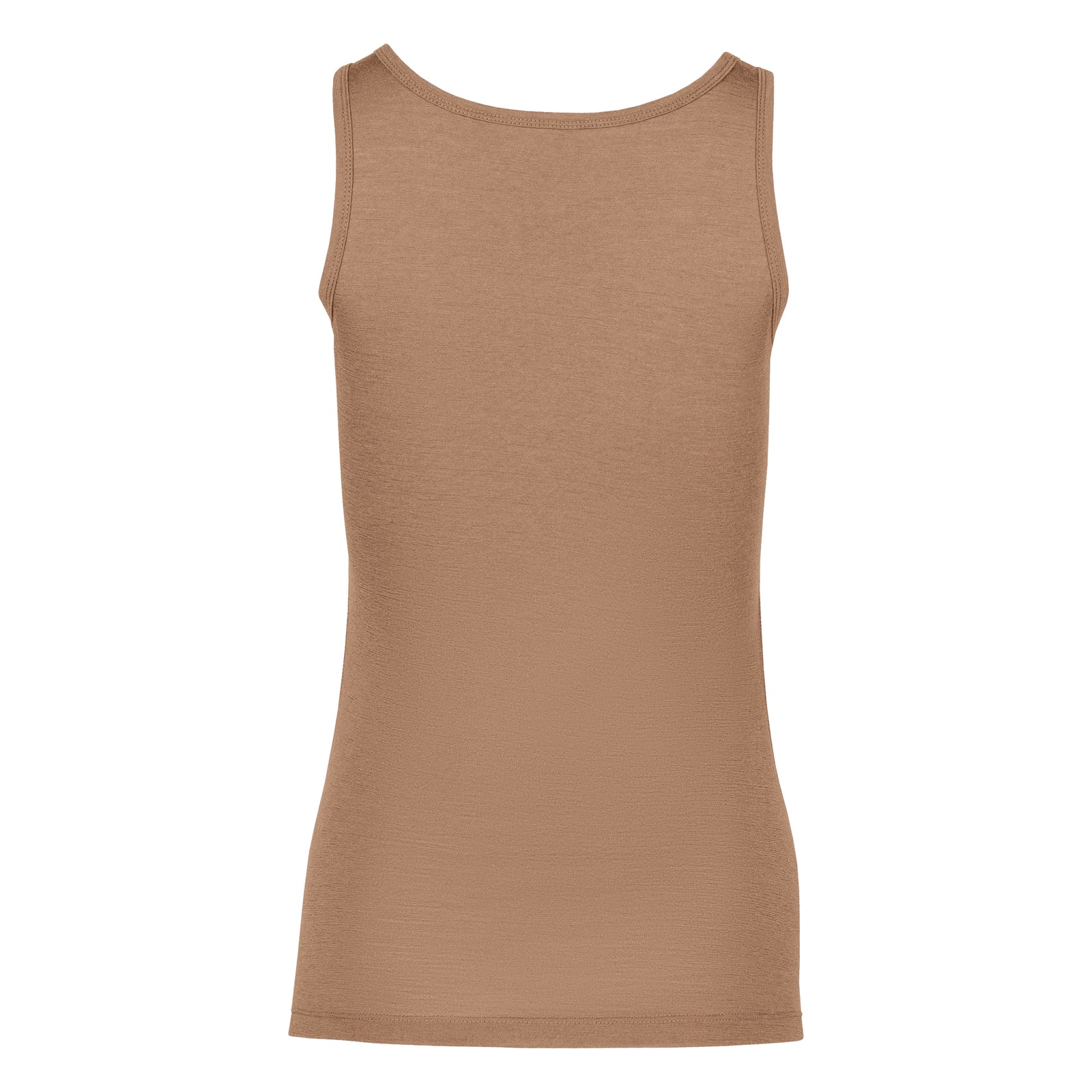 A flat lay product shot showing the front of a women's fitted, beige sleeveless tank top against a pure white background. The top features a classic scoop neckline, wide straps, and neatly hemmed edges, displaying a smooth, finely textured fabric.