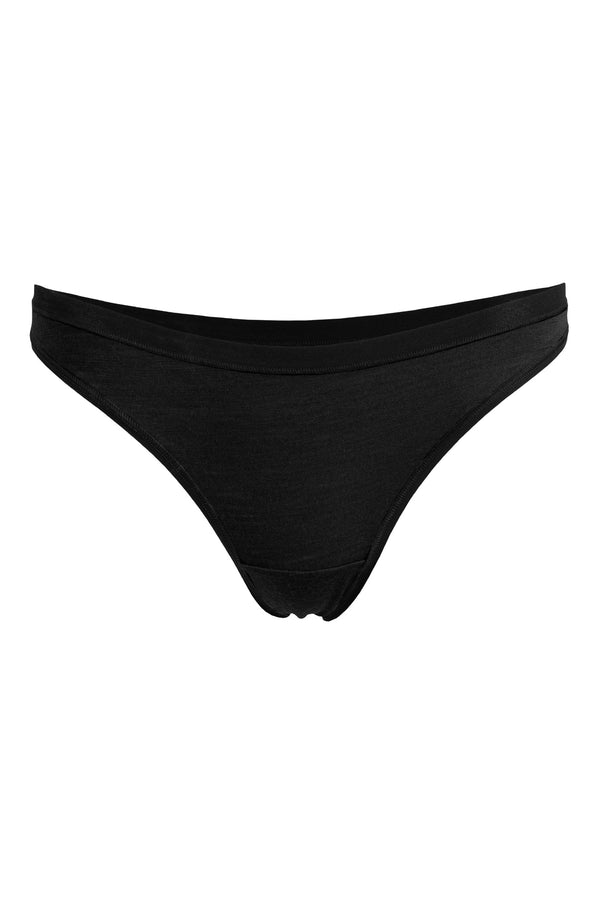 The Menique Women's Merino Thong Briefs in black color, front view.