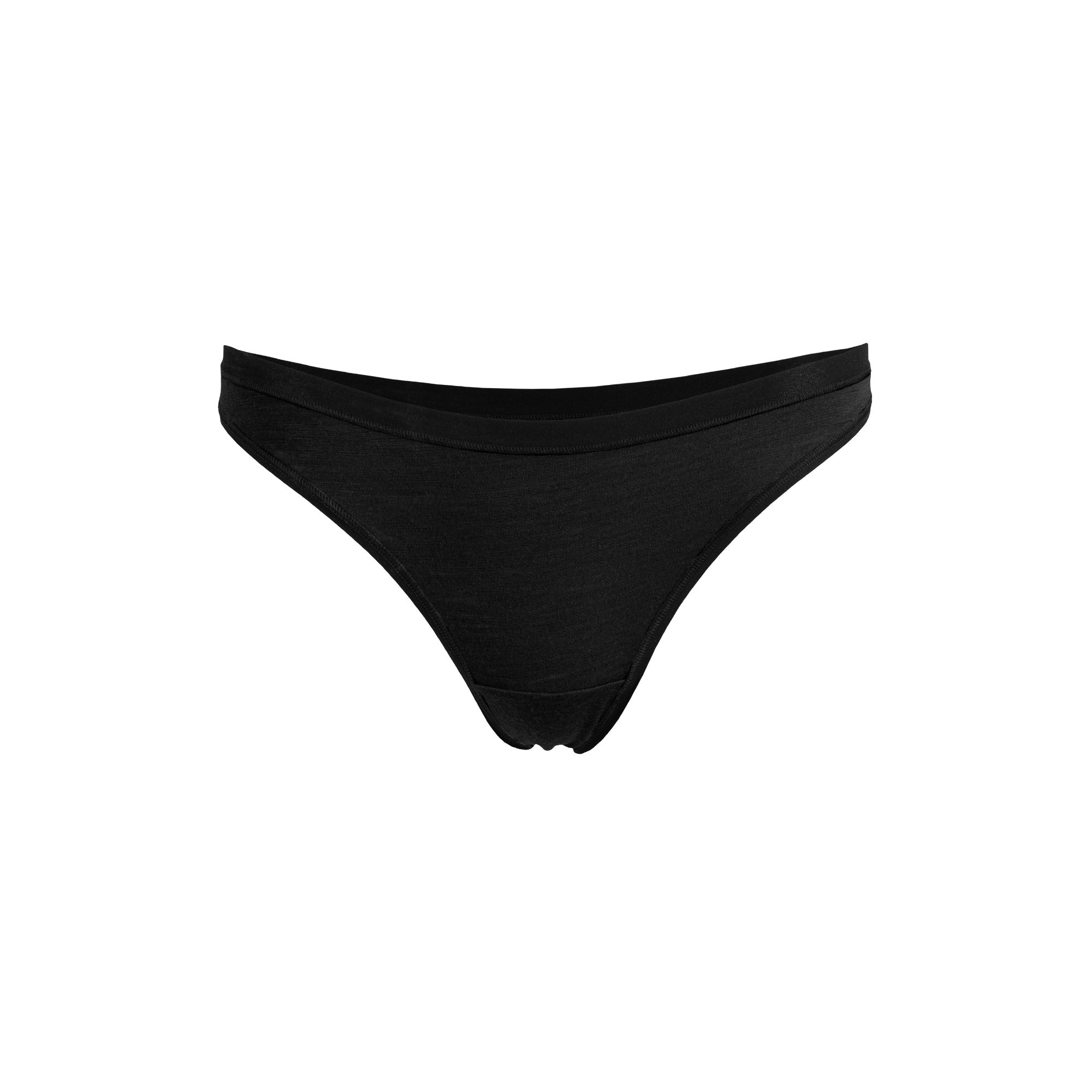 The Menique Women's Merino Thong Briefs in black color, front view.