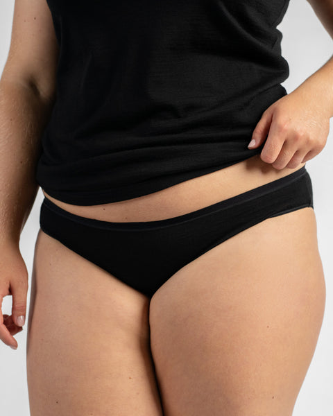 Close-up of a person's midsection and upper thighs wearing plain black bikini briefs and a black top.