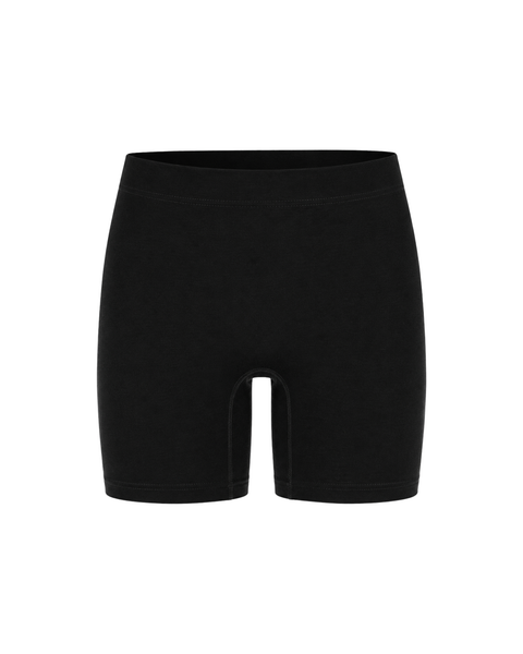 A front-facing view of form-fitting, plain black biker shorts displayed flat against a solid white background.