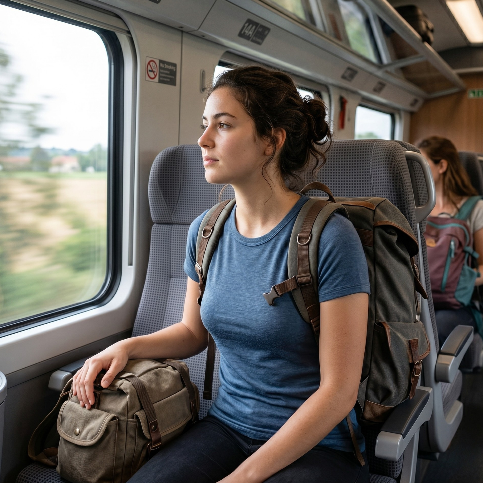 Side view of model wearing denim Merino T-shirt – soft lightweight wool tee