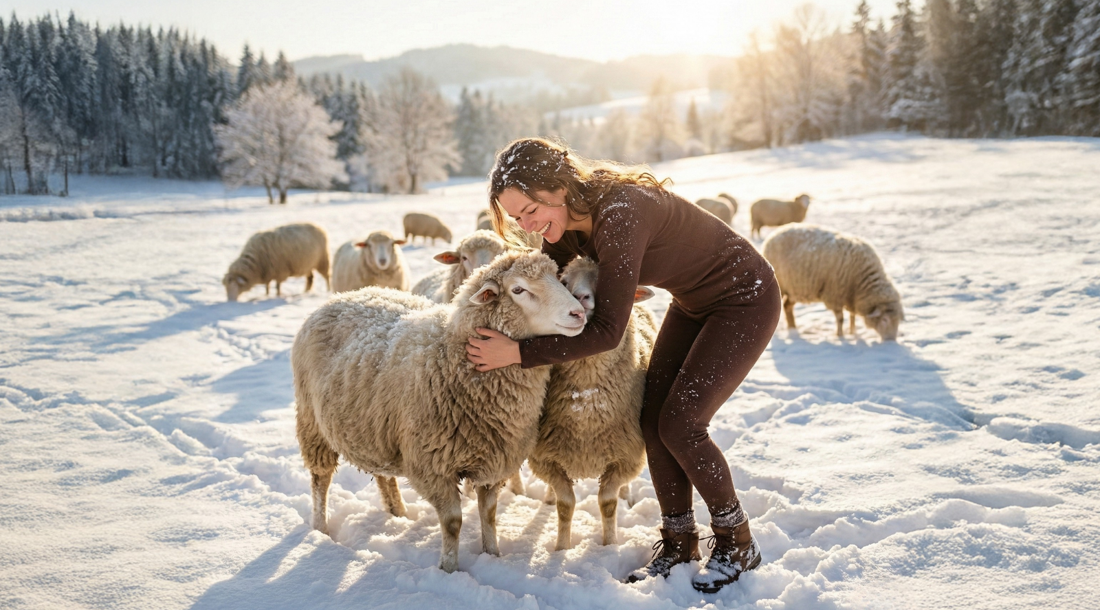 Woman wearing Merino wool clothing hugging a sheep outdoors in a snowy landscape, all-Merino winter collection