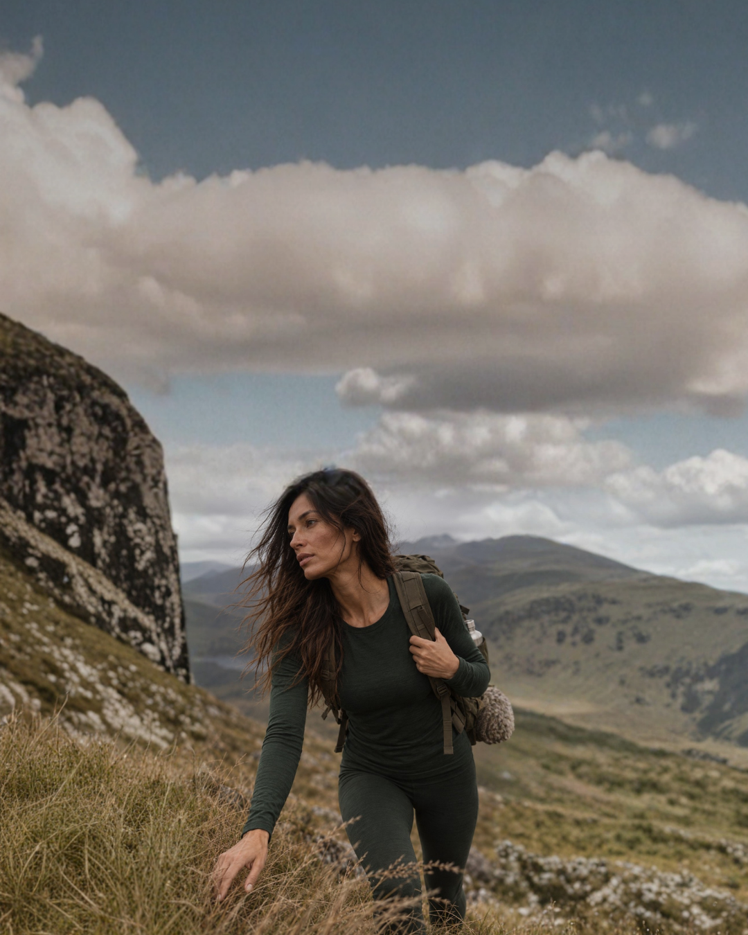 A woman with long dark hair hikes uphill near a large, textured boulder, wearing a dark green long-sleeved top and matching leggings. She carries a large olive-green backpack and looks out across a sweeping landscape of rolling hills beneath a partly cloudy sky.