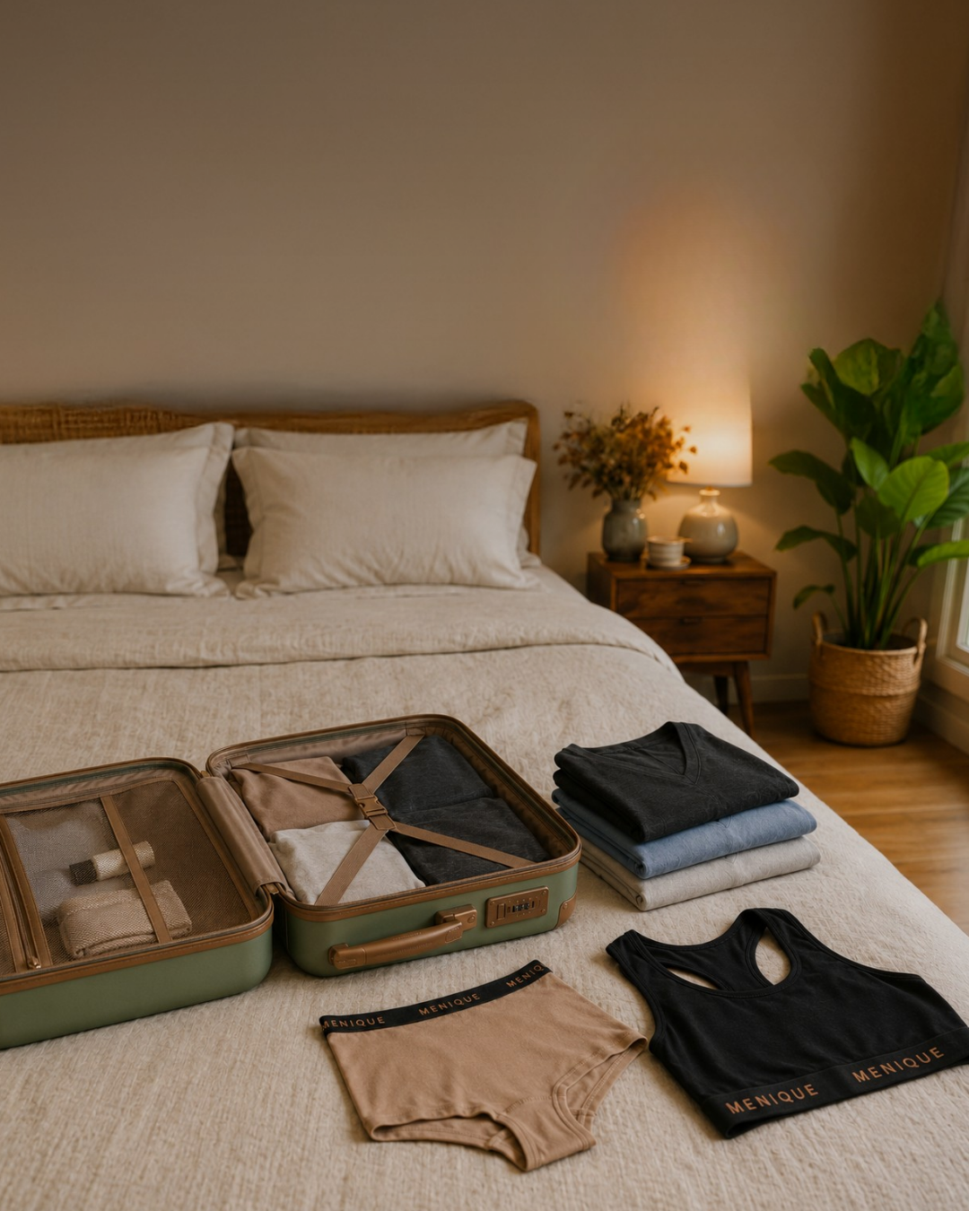 A bedroom scene showing an open, packed suitcase on a textured white bedspread, next to a stack of folded clothes, a beige pair of Menique underwear, and a black Menique sports bra. A large window overlooking green trees is visible on the right.