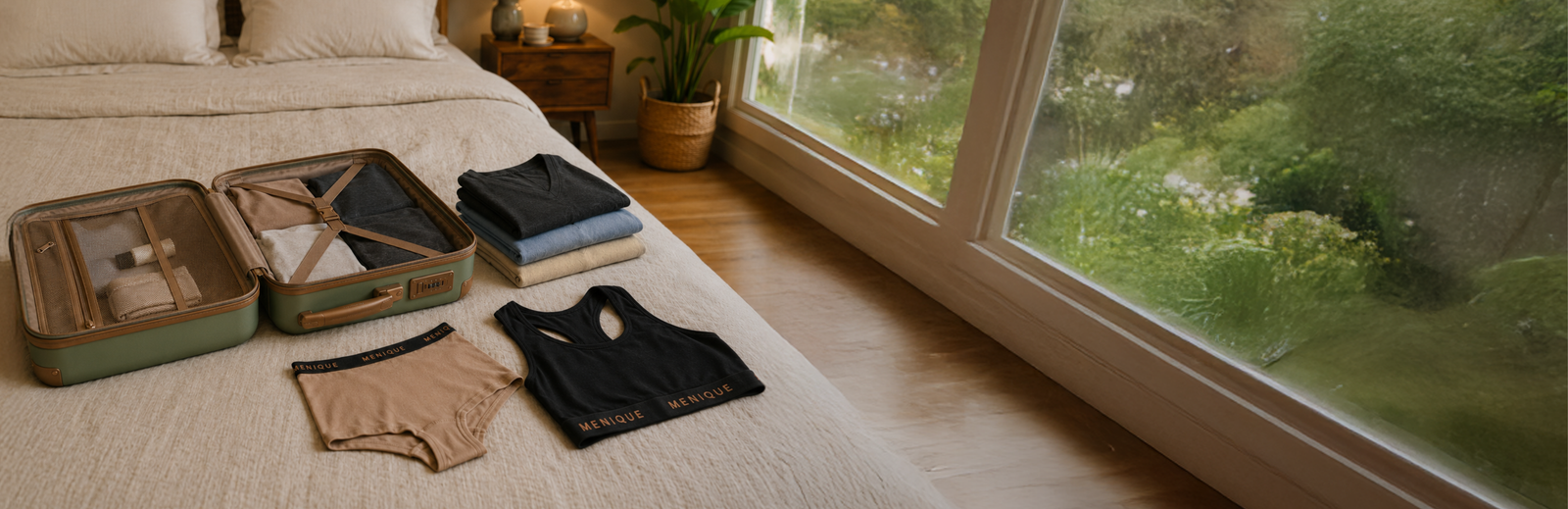 A bedroom scene showing an open, packed suitcase on a textured white bedspread, next to a stack of folded clothes, a beige pair of Menique underwear, and a black Menique sports bra. A large window overlooking green trees is visible on the right.
