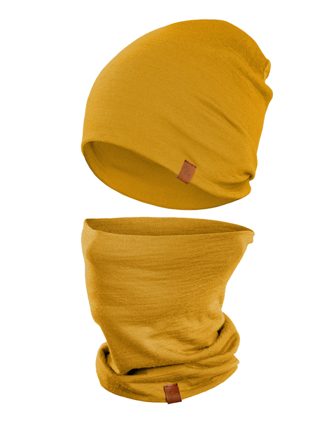 Yellow Merino wool beanie and gaiter set for outdoor comfort