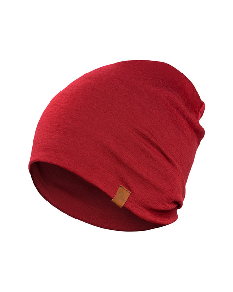 The Menique Men&#39;s Merino Beanie Hat in Royal Cherry Color, white background.
