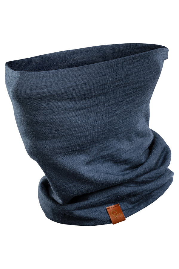 menique unisex merino gaiter in color denim. It is in a white background.