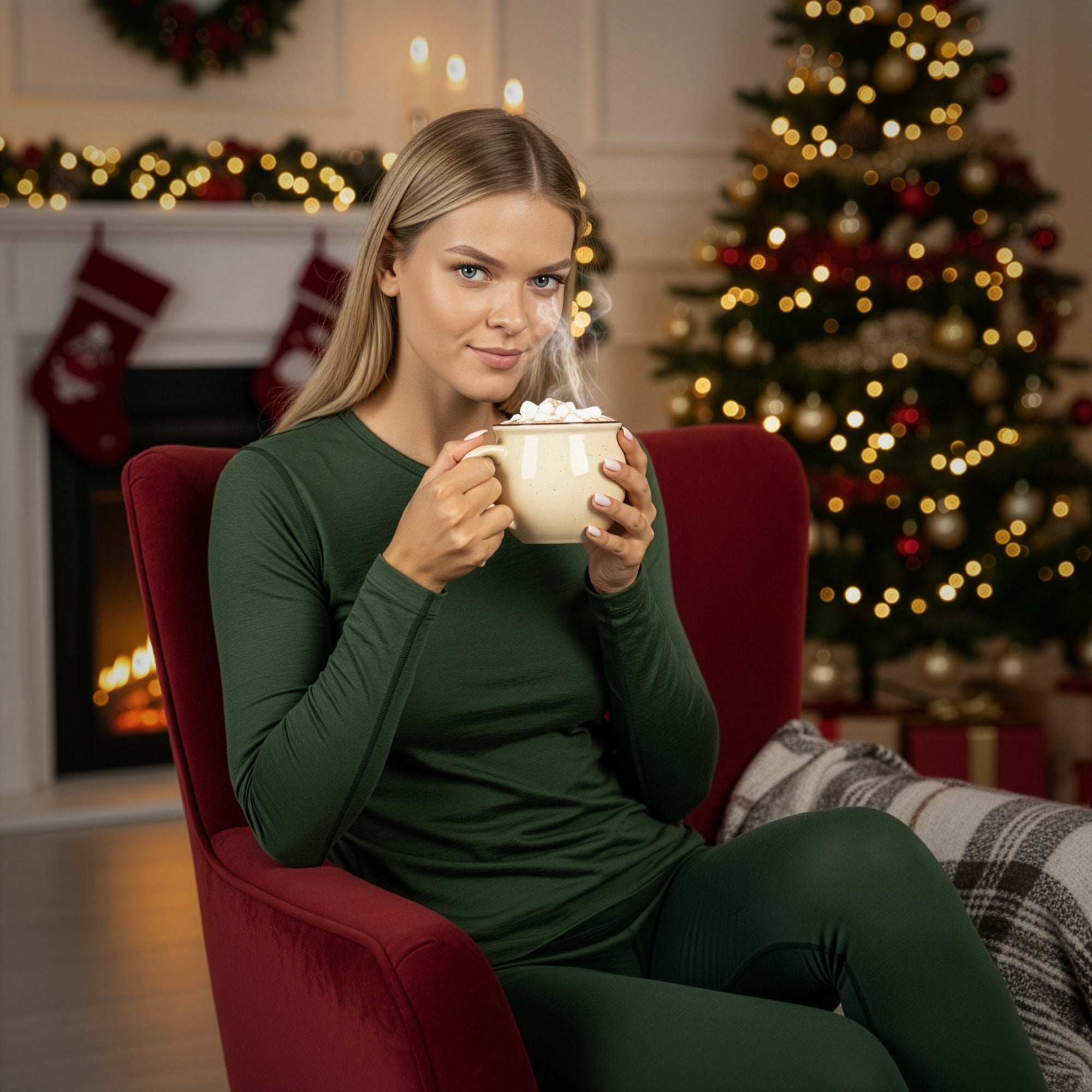 Woman in a green dress holding a mug of hot chocolate in a festive living room with a Christmas tree and fireplace.