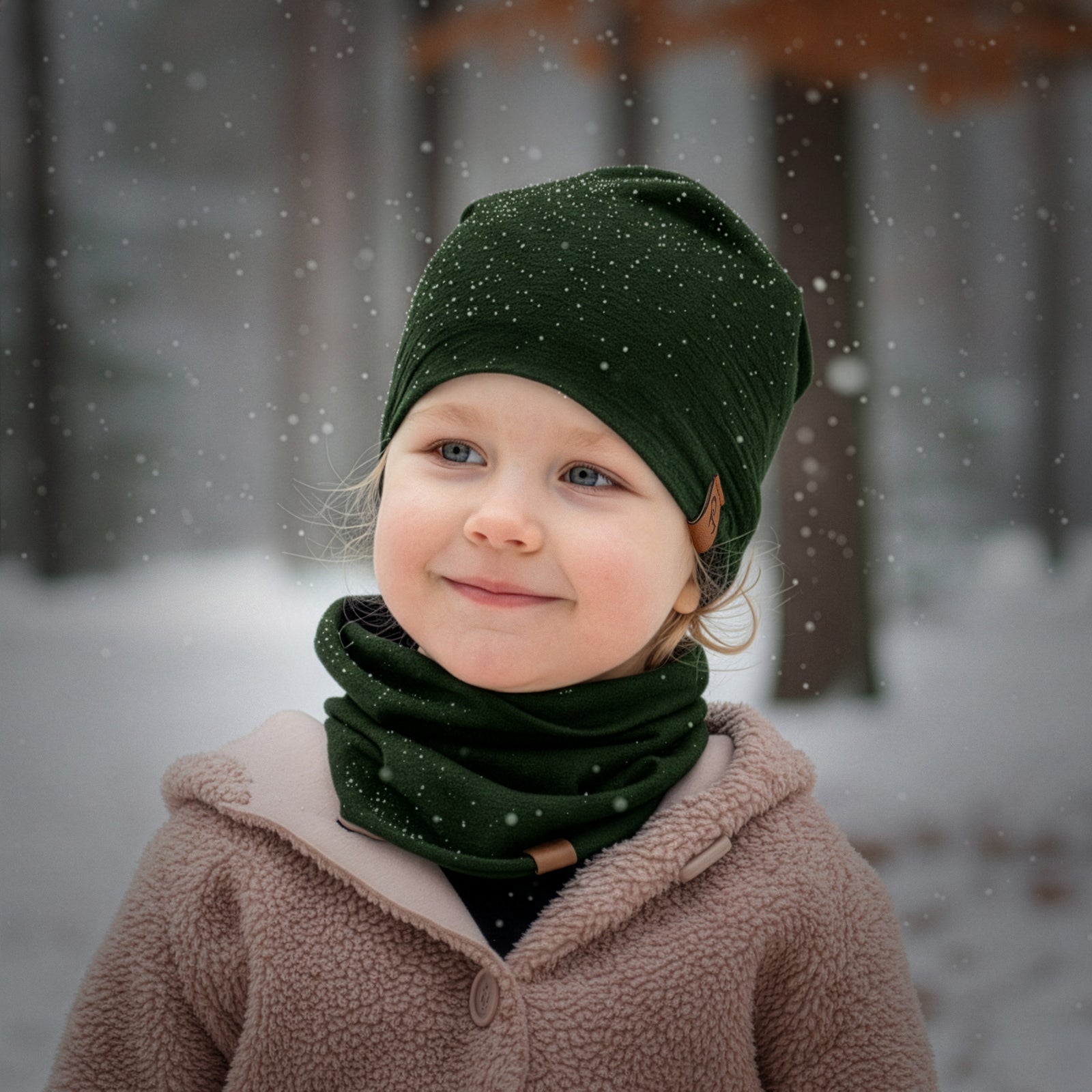 Child wearing a green headscarf and scarf in a snowy forest