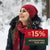 Woman smiling and wearing red beanie and scarf from 100% Merino wool. Accessories for her up to 15% off.