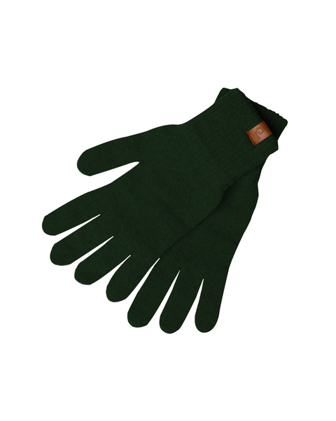 A pair of dark green knit gloves are displayed on a white background. The gloves are shown laid flat, one slightly overlapping the other. They feature ribbed cuffs and a small brown tag is visible on the wrist of the glove on top.