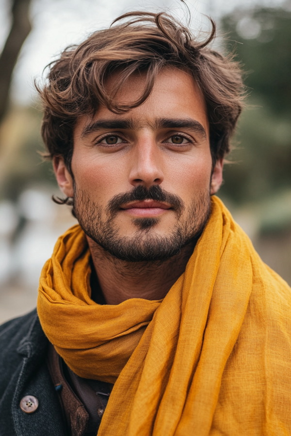 Man wearing almond spicy yellow linen scarf.