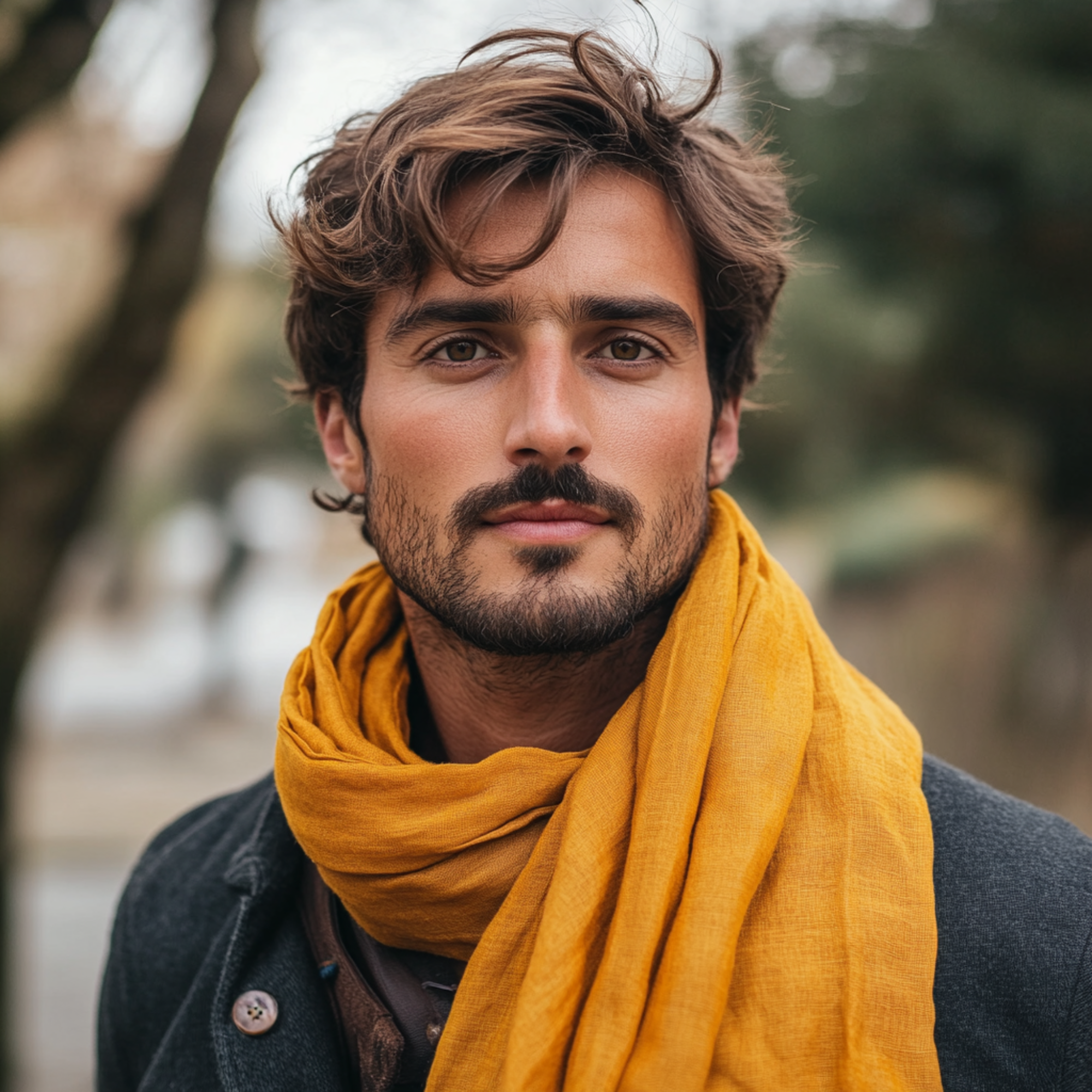 Man wearing almond spicy yellow linen scarf.