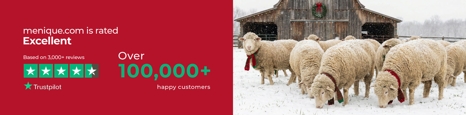 Sheep in a snowy field with a red banner displaying Menüket's rating on the left.