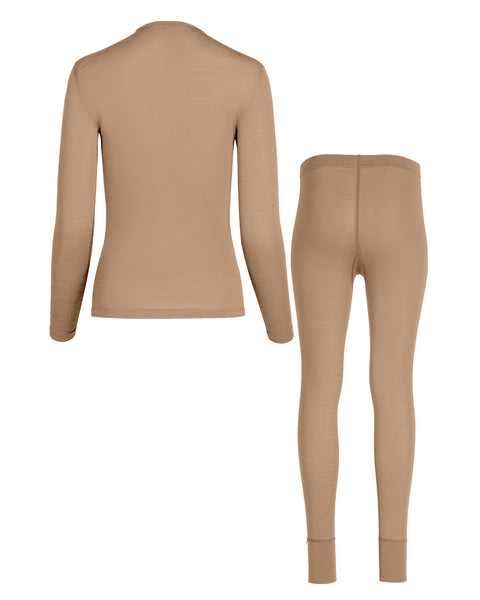 Beige women&#39;s long sleeve and bottoms set on a white background