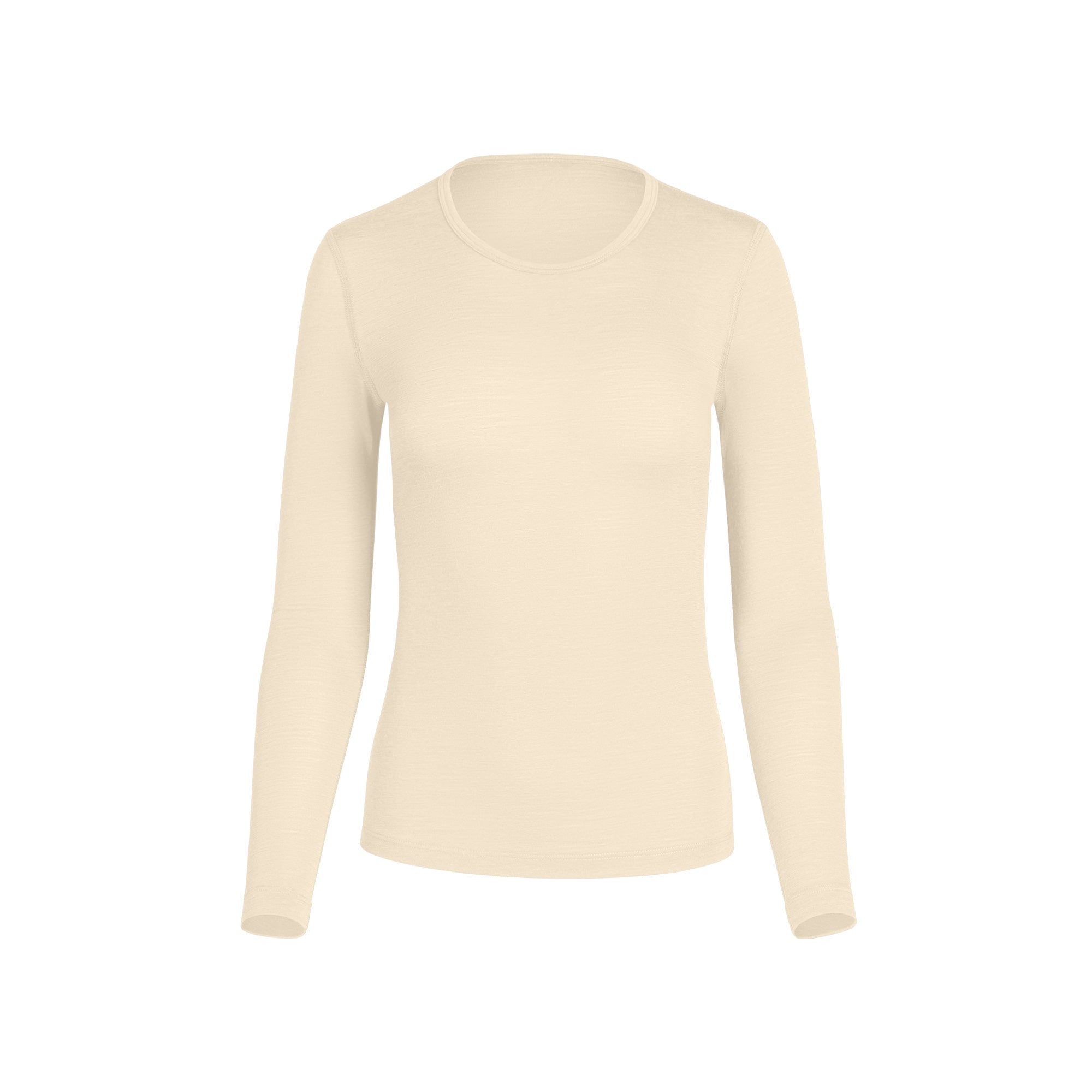 Natural long-sleeve merino wool base layer top displayed on a white background, featuring a classic crew neckline, lightweight thermal fabric, and a streamlined silhouette ideal for layering in cold weather and year-round use.