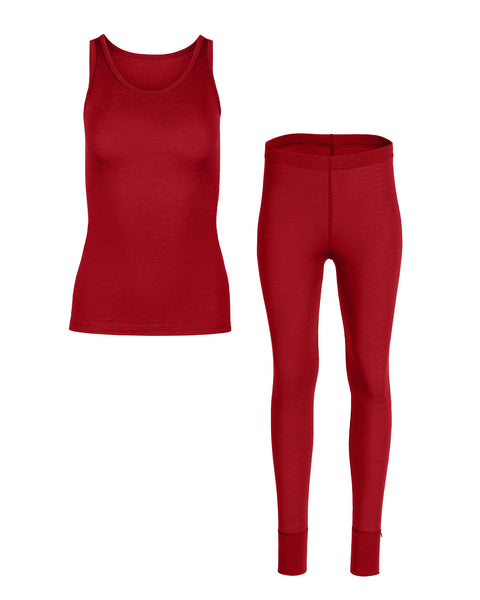 Packshot of women&#39;s 160 merino wool sleeveless top and bottoms set