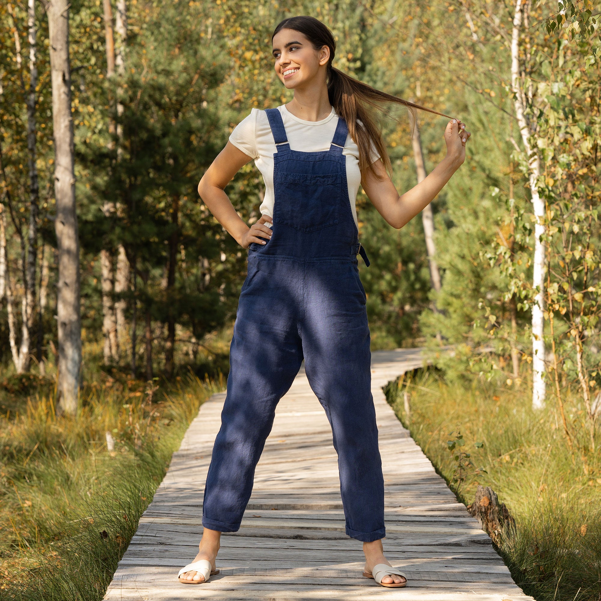 Linen Pinafore Jumpsuit Nicci Storm Blue