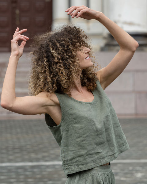 Linen Matching 2-Piece Set of Ana Crop Top &amp; Sophia Skirt in stone green