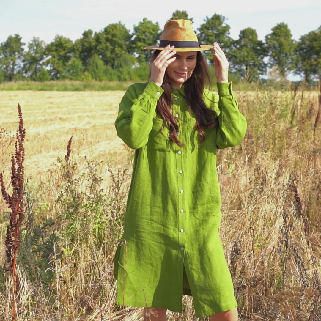 Linen Oversize Shirt Dress Margo Forest Green