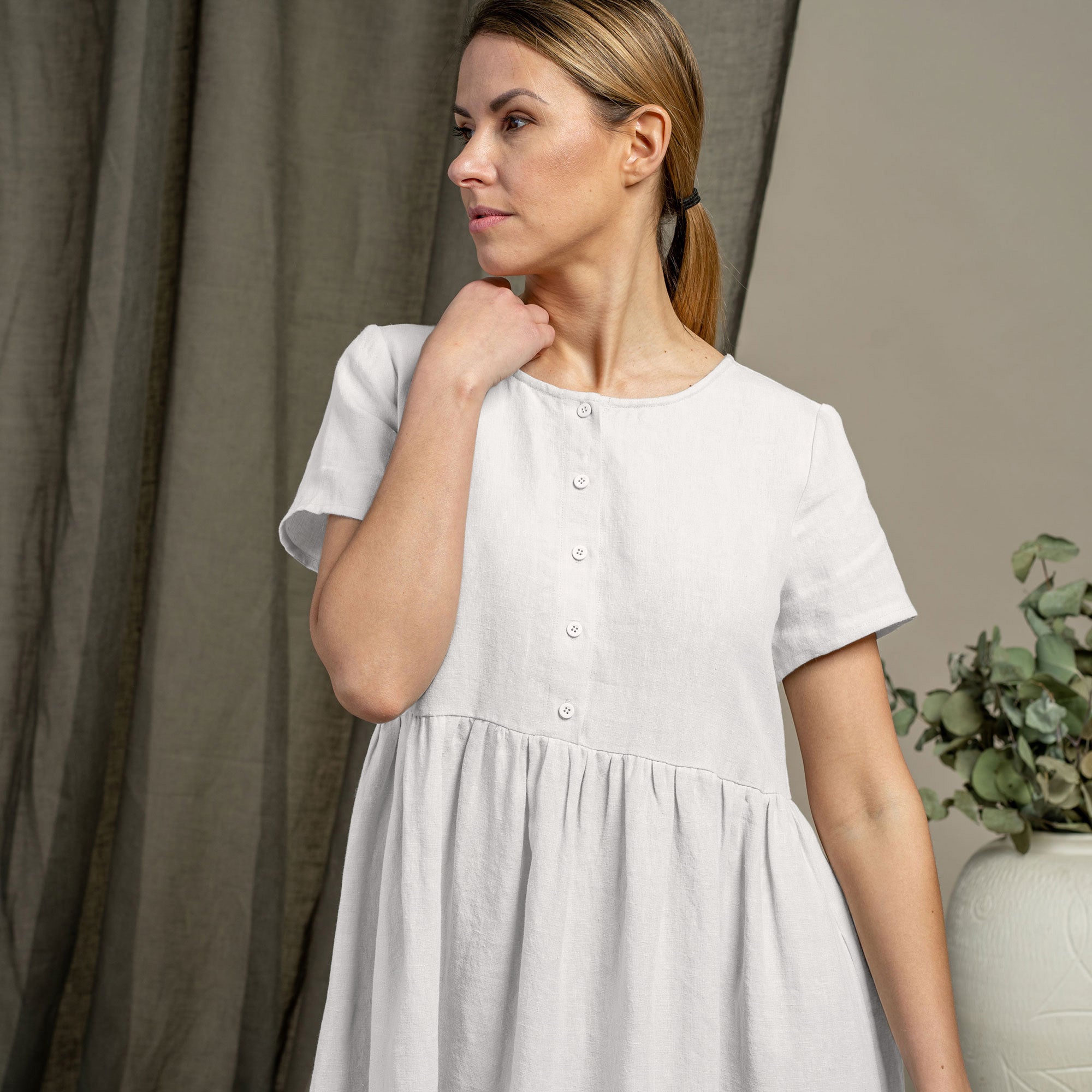 Linen Smock Dress Maria Pure White